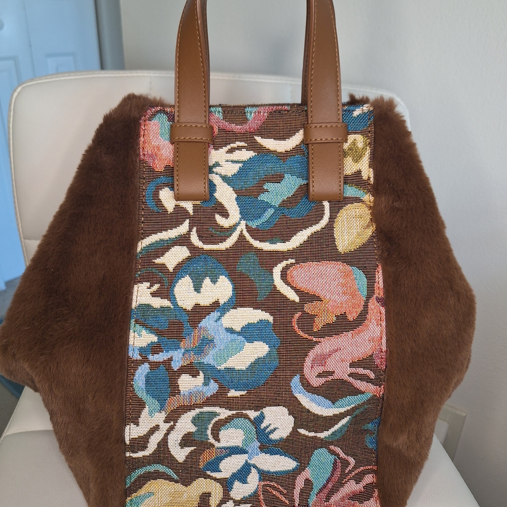 Anthropologie Floral Tapestry Faux Fur Tote Bag Brown Multicolor Crossbody